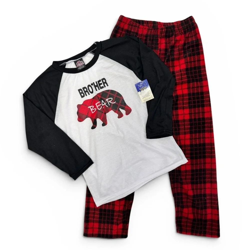 PJ's & Presents Kids Brother Bear Pajama Top Black White Buffalo Plaid Size 7/8